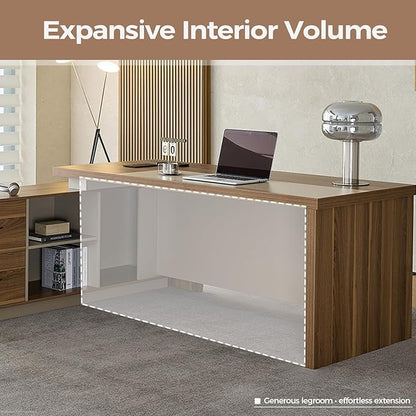 79" L Shaped Executive Desk with Lockable Drawers & Cabinet, Large Modern Executive Office Desk with Cable Management Box, Privacy Panel for Home Office (Champagne Wood Grain + Beige, Left)
