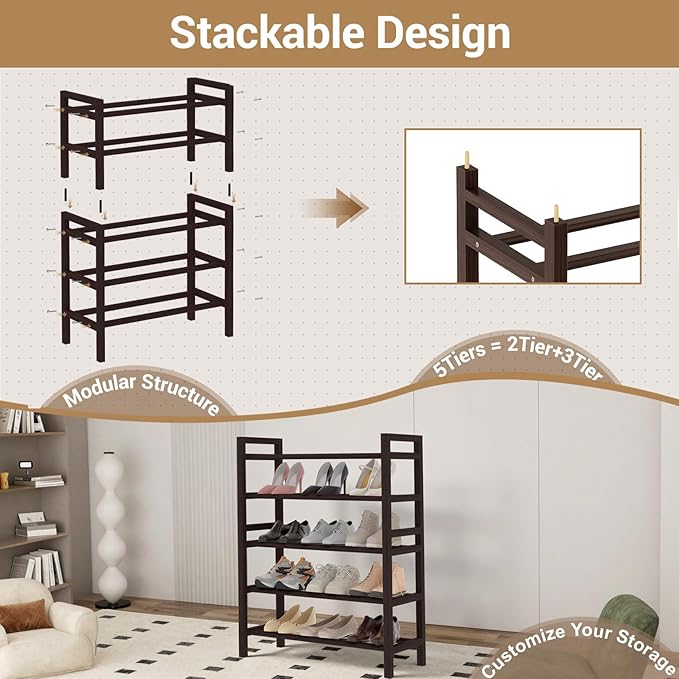Haddockway Bamboo Shoe Rack for Closet, Free Standing Shoe Organizer with Smooth Round Rods & Convenient Handles, Stackable Shoe Storage Shelf for Entryway, Hallway(Brown, 5-Tier(Small))