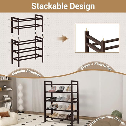 Haddockway Bamboo Shoe Rack for Closet, Free Standing Shoe Organizer with Smooth Round Rods & Convenient Handles, Stackable Shoe Storage Shelf for Entryway, Hallway(Brown, 5-Tier(Small))