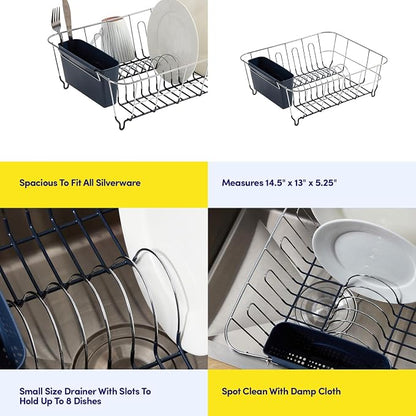 Dish Drying Rack & Cutlery Holder 2 Piece Set - Compact Sink-Fitting Dish Drainer with Rubberized Undercoating, Space-Saving Kitchen Organizer for Plates, Cups, Bowls & Utensils in Sink, Navy Blue