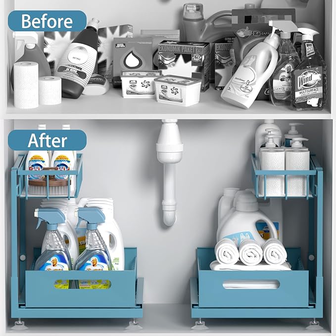 Under Sink Organizer Storage 2-Tier Premium Metal Pull-Out Kitchen Cabinet Organizer with Sliding Drawer, Height Adjustable, Heavy Duty for Kitchen & Bathroom Organizers 1 Pack Teal