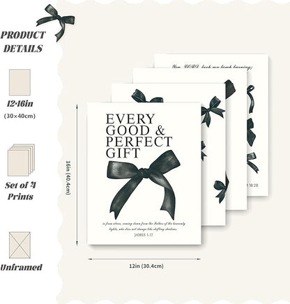 LARTSFRO Coquette Black Bow Bible Wall Art Decor Posters, Black Bow Room Bedroom Bathroom Dorm Wall Art Decor Aesthetic for Teen Girls Gifts, Inspirational Bible Verses Bow Wall Decor, 12x16 Inch Set of 4 Pcs Bow Pictures (UNFRAMED)