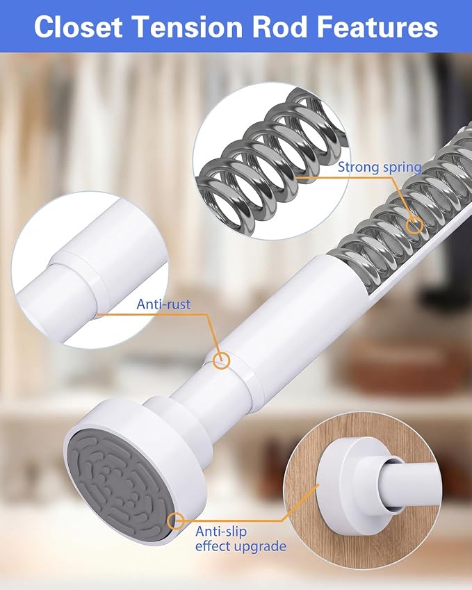No Drilling Closet Rods for Hanging Clothes, Non Slip Tension Rod with Heavy Duty Clothes Hanging Rod, 17-84 Inches Adjustable Spring Closet Rod for Closet Wardrobe Bathroom Laundry RV, White