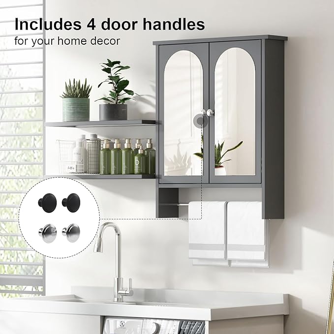 Bathroom Medicine Cabinet Mirror,Arched Bathroom Cabinet with Mirror,Surface Mount Medicine Cabinet Wall Mounted,Mirrored Medicine Cabinets with Towel Bar,Black Wall Cabinet 22x28
