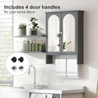 Bathroom Medicine Cabinet Mirror,Arched Bathroom Cabinet with Mirror,Surface Mount Medicine Cabinet Wall Mounted,Mirrored Medicine Cabinets with Towel Bar,Black Wall Cabinet 22x28