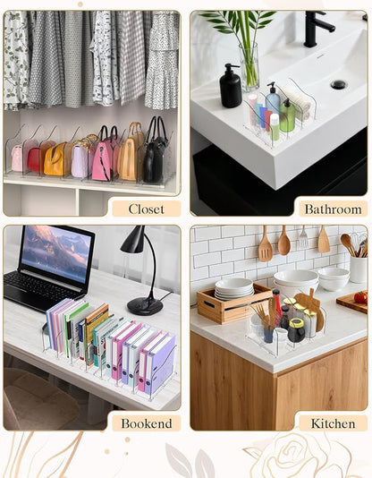 Rose Purse Dividers for Closet, 2 Pack Clear Clutch Purse Closet Organizers, Adjustable Handbag Storage Organizers, Plastic Bookshelf Separator Dividers for Bedroom Office