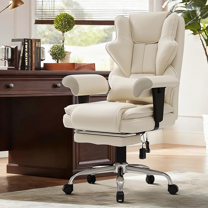 7-Point Massage Office Chair,Heated Manageral Chair,Ergonomic Executive Chair with Footrest,Adjustable Armrest，Computer Chair for Offices, Study Areas, Gaming Spaces,Beige