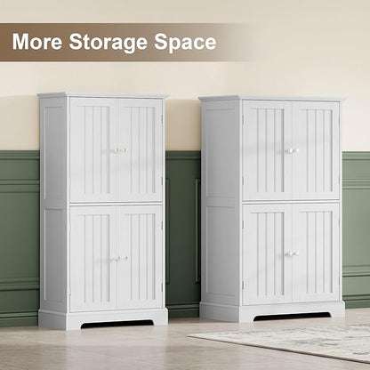 ChooChoo Bathroom Floor Cabinet, Modern Bathroom Storage Cabinet with 4 Doors and Adjustable Shelves, Freestanding Cupboard for Living Room, Kitchen Pantry, White