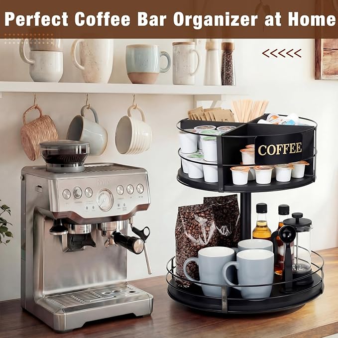 Sieral 360° Rotating Coffee Bar Organizer 2 Tier Coffee Bar Lazy Susan Wood Metal Station Organizer Holder with Convenient Grab-and-go for Countertop Pod Syrup Mug Tea Spice Snack Kitchen Office