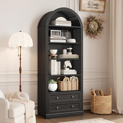 Farmhouse Arched Bookshelf Set of2, 7 Tiers Arch Bookcase with 2 Spacious Drawers, Modern Book Shelf with Open Display Shelves and Storage Cabinet, for Office, Living Room, Kitchen, Black