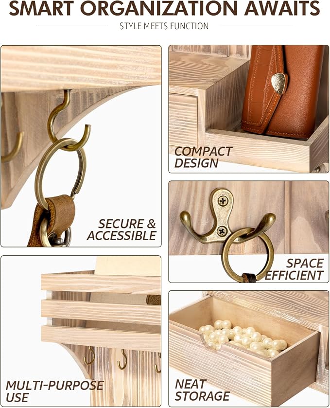 Rebee Vision Decorative Key Holder Wall Mount with Mini Drawer Organizer - Farmhouse Key Holder for Wall with Mail Organizer & 9 Key Hooks - Ideal Room Decor Aesthetic (Natural Wood)