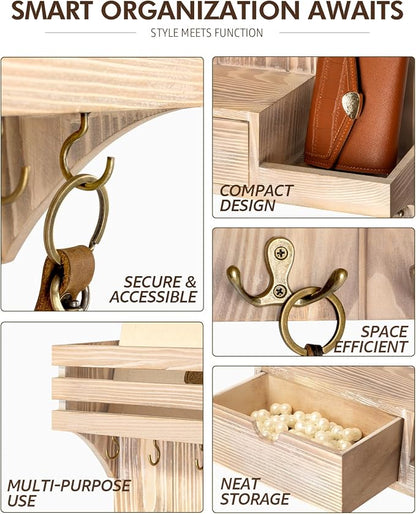 Rebee Vision Decorative Key Holder Wall Mount with Mini Drawer Organizer - Farmhouse Key Holder for Wall with Mail Organizer & 9 Key Hooks - Ideal Room Decor Aesthetic (Natural Wood)