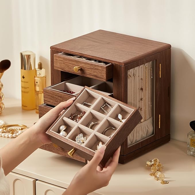 Black Walnut Wooden Jewelry Box - 360° Rotating Jewelry Organizer for Women with 5 Drawers for Rings,Necklaces,Earrings and Bracelets -Large Storage Case - Christmas Gift idea