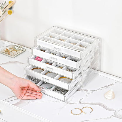 ProCase Earring Holder Organizer Jewelry Box with 5 Drawers, Acrylic Clear Earring Case with Adjustable Velvet Trays for Women - Warmwhite,5 Layers
