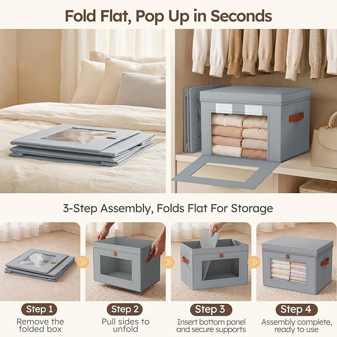 Homsorout Storage Bins with Lids - Front Opening Storage Box with Clear Window & Handles, Stackable Foldable Fabric Bins for Closet Organization, Clothes, Sweaters, Towels, Blankets, 3 Pack, Grey