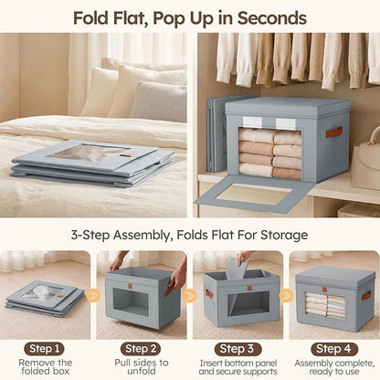 Homsorout Storage Bins with Lids - Front Opening Storage Box with Clear Window & Handles, Stackable Foldable Fabric Bins for Closet Organization, Clothes, Sweaters, Towels, Blankets, 3 Pack, Grey