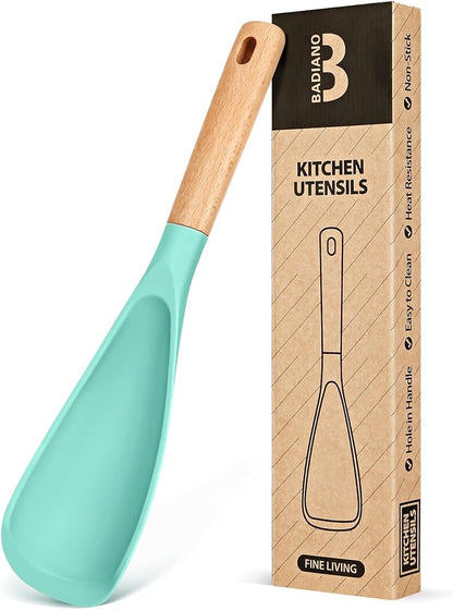 Cooking Spoon for Nonstick Cookwares, Great for Cooking and Serving Sturdy BPA-Free Matte Silicone, Wood Handle Spoon for Mixing, Scoop, and Scrape (GREEN, 11.4 inch)
