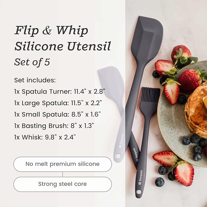 Starpack 'Flip & Whip' Premium Silicone Baking Utensils Set (5 Pcs) - Heat Resistant to 600F - Spatulas, Whisk & Basting Brush Set
