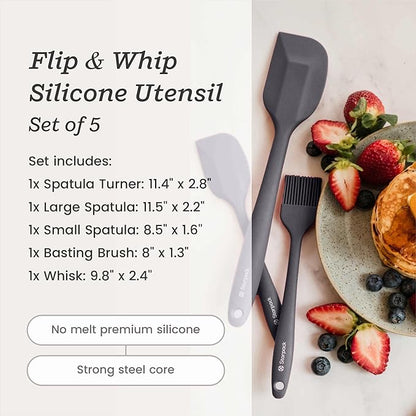 Starpack 'Flip & Whip' Premium Silicone Baking Utensils Set (5 Pcs) - Heat Resistant to 600F - Spatulas, Whisk & Basting Brush Set