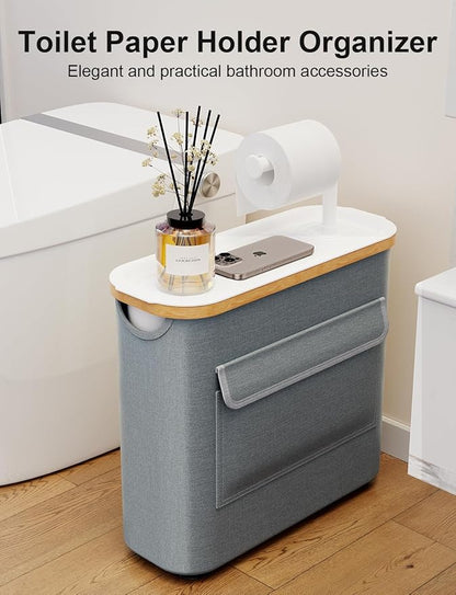 Toilet Paper Storage Basket Holder Holds 9-12 +1 Rolls Elegant Multi-Functional Bathroom Toilet Paper Holder Stand Storage Organizer Waterproof with Tray Hold Phone Wet Wipes Gray