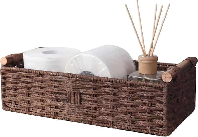 Brown Toilet Basket for Toilet Paper, Wicker Storage Basket with Wooden Handles, Handwoven Paper Rope Toilet Tank Basket, Decorative Basket for Toilet Countertop, Bathroom Baskets for Organizing