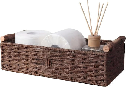Brown Toilet Basket for Toilet Paper, Wicker Storage Basket with Wooden Handles, Handwoven Paper Rope Toilet Tank Basket, Decorative Basket for Toilet Countertop, Bathroom Baskets for Organizing