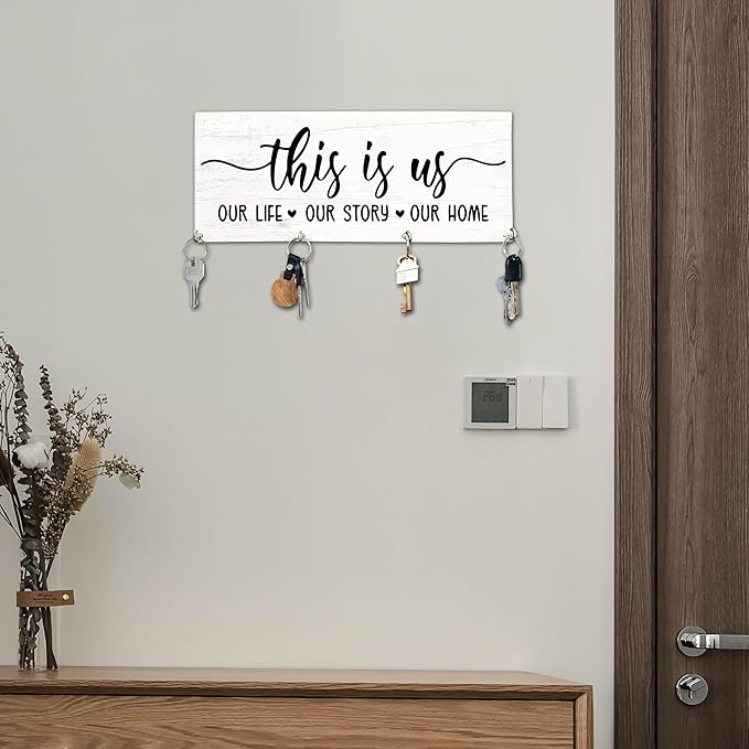 This is Us Wooden Key Holder for Wall - 5"x10" Key Organizer Hanger with 4 Hooks for Home Front Door Hallway Entryway Kitchen - Home Office Decor & Housewarming Gifts Supplies - A05