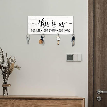 This is Us Wooden Key Holder for Wall - 5"x10" Key Organizer Hanger with 4 Hooks for Home Front Door Hallway Entryway Kitchen - Home Office Decor & Housewarming Gifts Supplies - A05