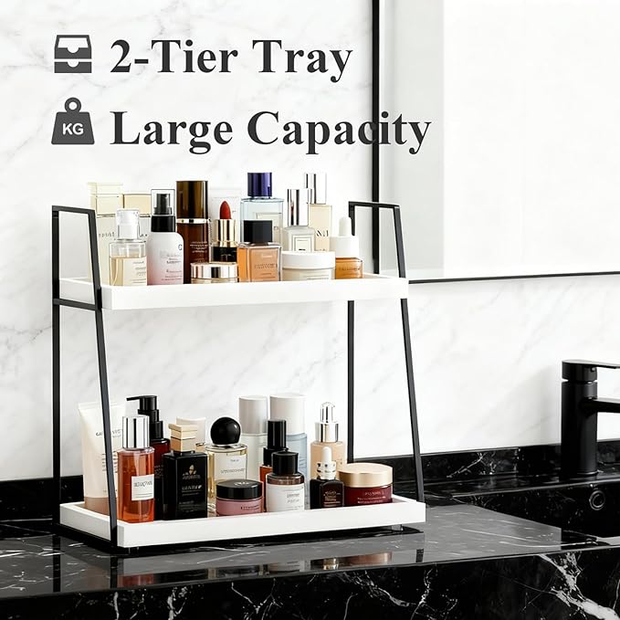 Countertop Coffee Station Organizer, 2 Tier Large Coffee Bar Organizer for Accessories Storage, Stable Metal Wooden Shelf Syrups Holder Condiments Rack