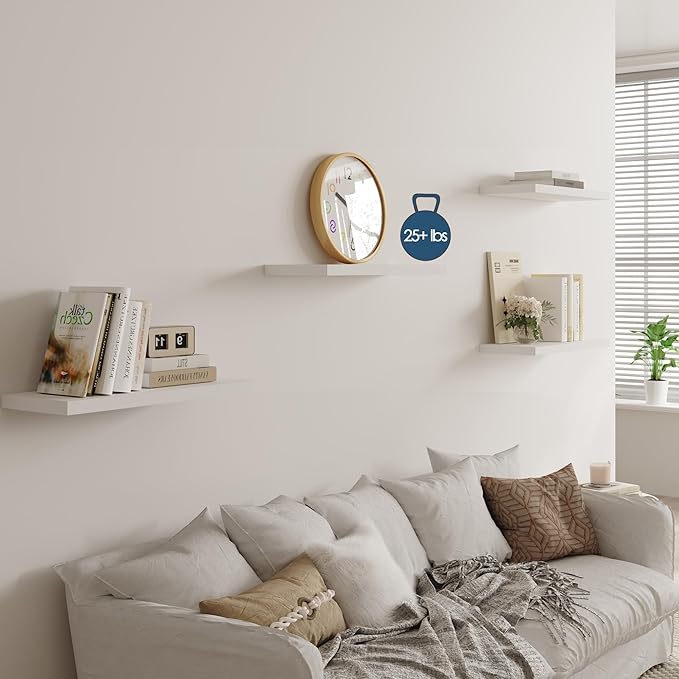 JPND Wall Shelf Set of 3, White Floating Shelves 30 in W x 10 in D x 1 in H, Wooden Floating Wall Shelf with Invisible Brackets for Living Room/Bedroom/Bathroom/Kitchen Storage and Decor