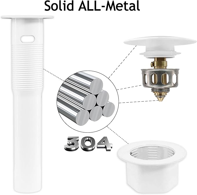 Bathroom Sink Drain,2 Pack White Drain Stopper Bathroom Sink With Overflow,Pop Up Drain Assembly with Detachable Strainer Basket,Built-in Anti-Clogging, Stainless Steel Nut