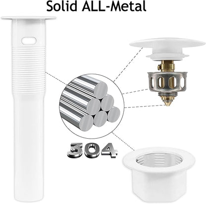 Bathroom Sink Drain,2 Pack White Drain Stopper Bathroom Sink With Overflow,Pop Up Drain Assembly with Detachable Strainer Basket,Built-in Anti-Clogging, Stainless Steel Nut