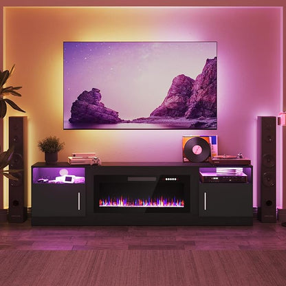 PRETZI Fireplace TV Stand with 36" Fireplace Up to 90" TVs, 80" Entertainment Center with LED Lights, Remote Control, TV Media Console with Storage Cabinets for Living Room, Black
