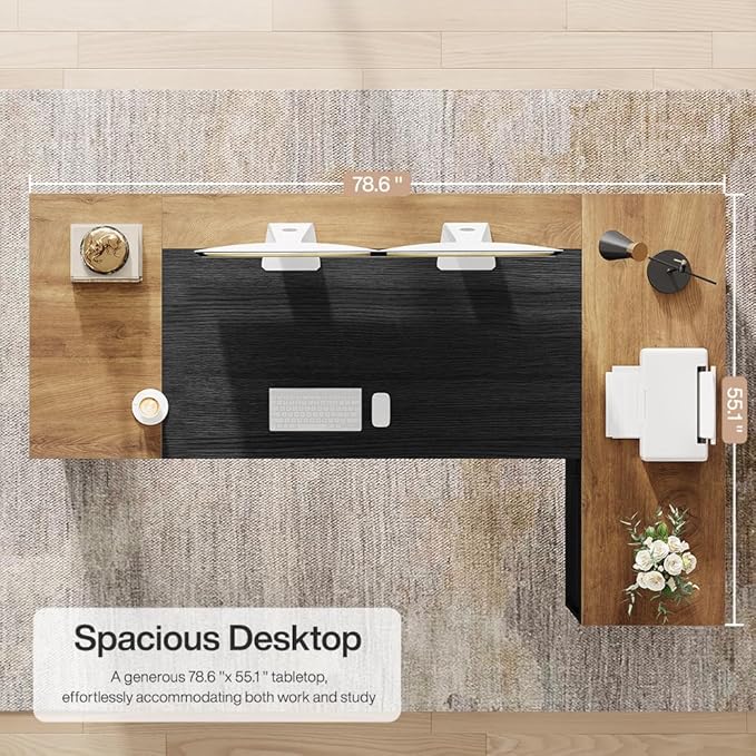 Tribesigns 78" L Shaped Executive Desk with Drawers, Large Office Computer Desk with Cabinet and Storage Shelves, Modern Business Furniture Sets Workstation for Home Office (Brown/Black)