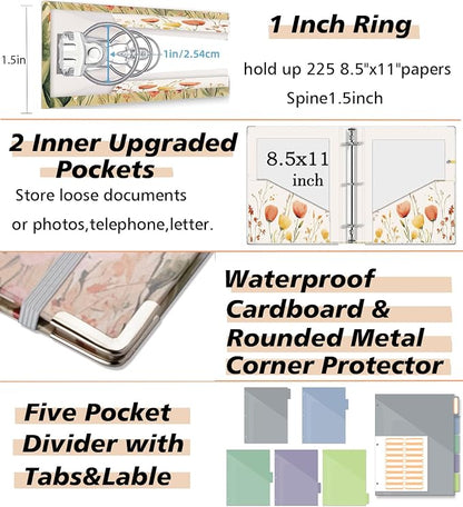 3 Ring 1 Inch Binder Organizer, BVSSX Three Ring Binders with Clipboard, 5-Tabs Pockets Dividers, Plastic Folder, 18 Divider Stikers,Pen Loop (Weeds, Letter Size)