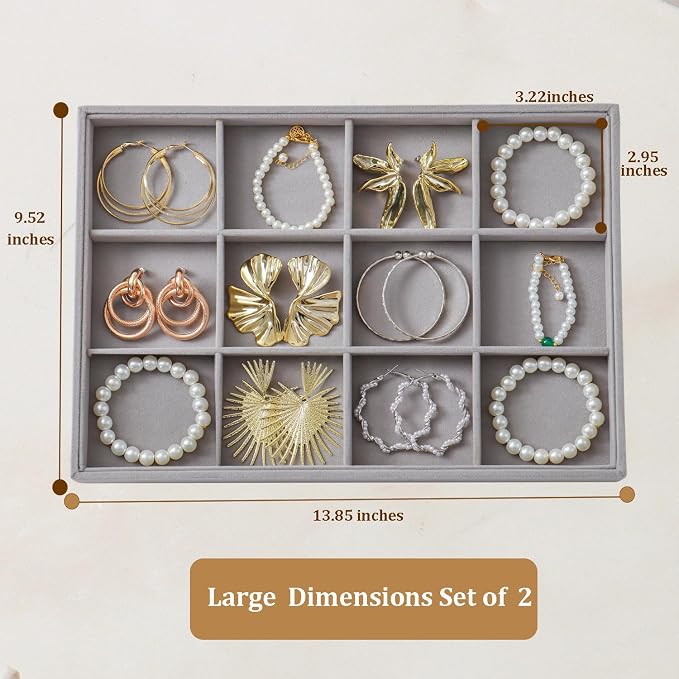 Large Velvet Jewelry Tray 2 Pack Stackable Jewelry Display Drawer Inserts Trays Organizer for Earring Bracelet Necklace Ring (Gray, 12 Grids)