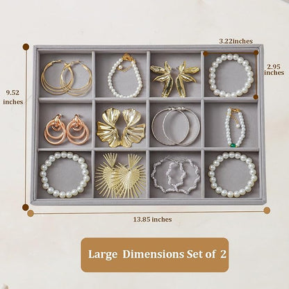Large Velvet Jewelry Tray 2 Pack Stackable Jewelry Display Drawer Inserts Trays Organizer for Earring Bracelet Necklace Ring (Gray, 12 Grids)