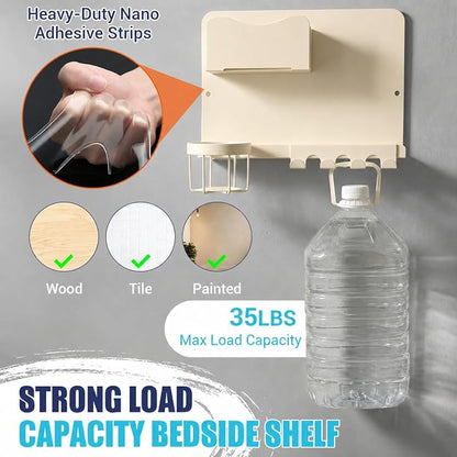 Metal Bedside Wall Shelf, Bedside Floating Shelf Wall Organizer with Detachable Cup Holder, No Drill Wall Mount for Bedroom, Dorm Room Decor, Nightstand Alternative, Bunk Bed Accessories, RV Storage