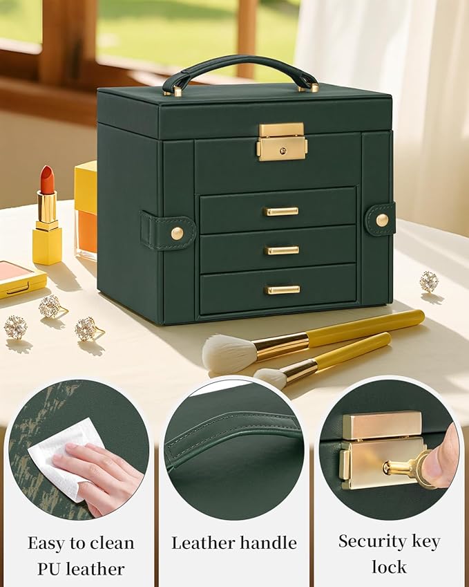 TORIBIO Jewelry Box for Women, Leather Jewelry Organizer with Mirror & Lock, 4-Tier Jewelry Storage Organizer with 3 Drawers for Girls/Women/Mothers, Necklace Earring Bracelets Holder Organizer