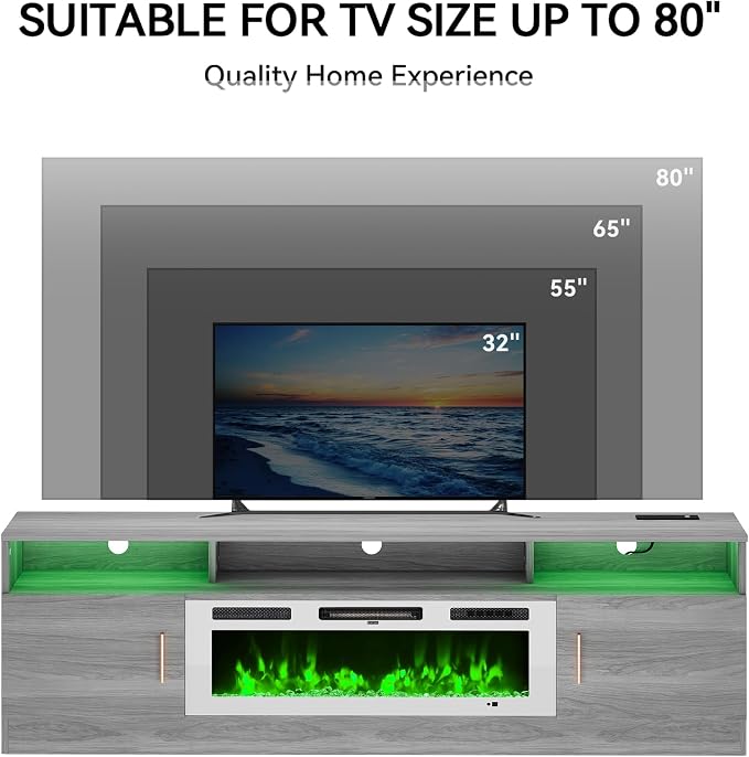 MXV 70" Fireplace TV Stand with Power Outlet for TVs UP to 80", Electric Fireplace Entertainment Center with LED Lights & Storage Cabinets, TV Console for Living Room, Office, Grey-White