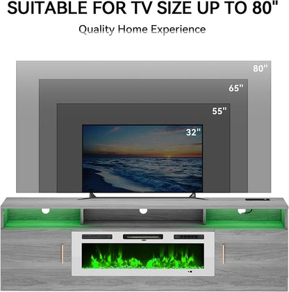 MXV 70" Fireplace TV Stand with Power Outlet for TVs UP to 80", Electric Fireplace Entertainment Center with LED Lights & Storage Cabinets, TV Console for Living Room, Office, Grey-White