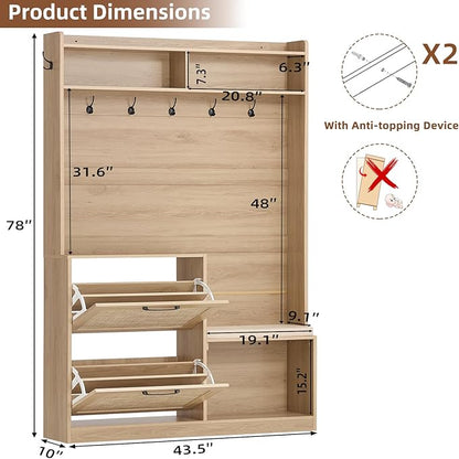 LEYAOYAO 78" Tall Boho Hall Tree with Bench & Shoe Storage, 4-in-1 Mudroom Rattan Coat Rack with 2 Flip Drawers & Cushioned Stool, Entryway Hall Tree Cabinet with 6 Hooks for Garage, Natural Oak