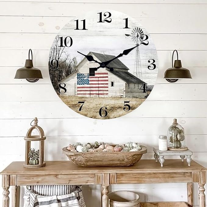 XFM Farmhouse Wall Clock 20 Inch Rustic Barn Wooden Clocks Silent Non-Ticking Battery Operated Country Landscape Small Round Clock for Living Room Kitchen Bedroom Office
