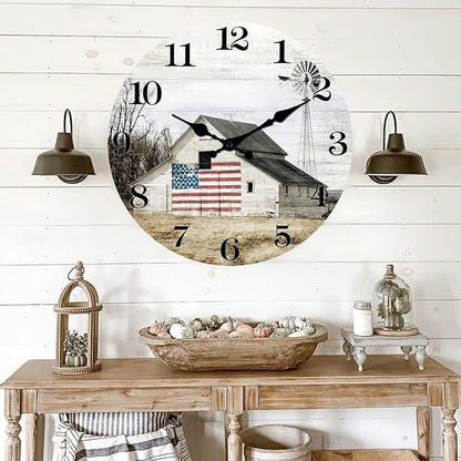 XFM Farmhouse Wall Clock 12 Inch Silent Non-Ticking Battery Operated Rustic Barn Wooden Clocks Country Round Clock for Kitchen Bedroom Living Room