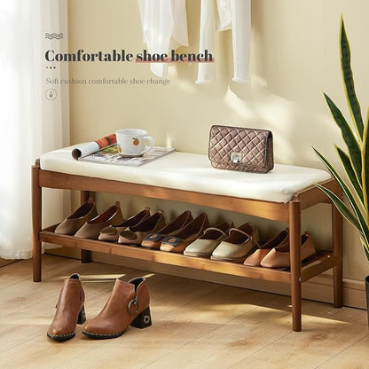 Shoe Rack Bench Entryway Bamboo Shoe Storage Bench with Leather Cushion 2 Tiers Shoe Rack Entryway Bench for Hallway, Living Room,Bedroom(Beige Bench top+Brown Frame)