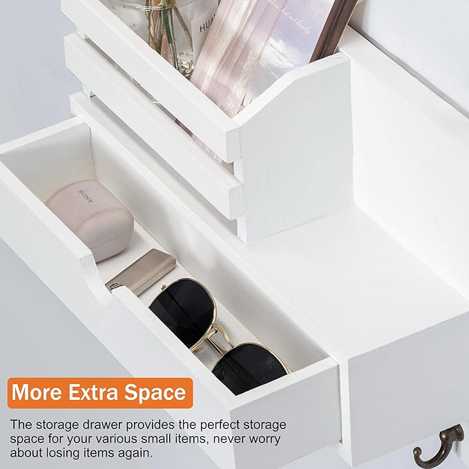Key and Mail Holder for Wall, Mail Organizer Wall Mount with 6 Hooks and Storage Drawer, Wooden Key Rack Hanger with Shelf for Entryway and Home Decor