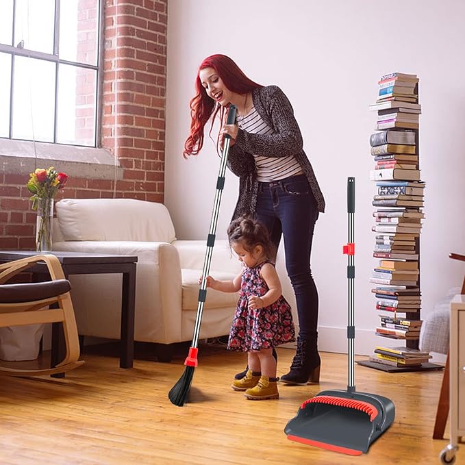 Upgrade Broom and Dustpan Set, Broom with Dustpan Combo Set, Large Size and with Long Handle, Upright,Ideal for Indoor Outdoor Garage Kitchen Room Office Lobby Use (Black&Red)