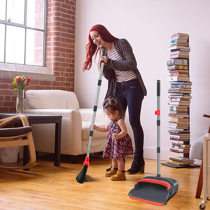 Upgrade Broom and Dustpan Set, Broom with Dustpan Combo Set, Large Size and with Long Handle, Upright,Ideal for Indoor Outdoor Garage Kitchen Room Office Lobby Use (Black&Red)
