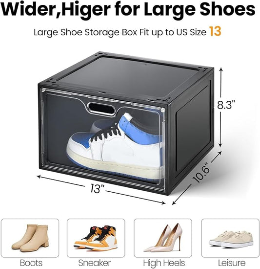 Amllas 8 Pack Shoe Boxes Black Plastic Stackable, Large Shoe Storage Organizer,Drop Side Front Shoe Containers for Entryway,Sneaker Storage Fit up to US Size 13 for Men/Women(13’’x 10.6”x 8.3”)