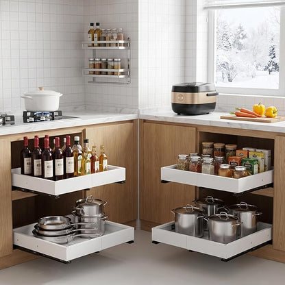 DOMNIU 2 Pack Pull Out Cabinet Organizers Expandable Width(12"-19") and Depth(17"-23"), Metal Slide Out Drawers, Upgrade 3 Slide Rails Sliding Drawer for Kitchen Cabinet Organizer, White